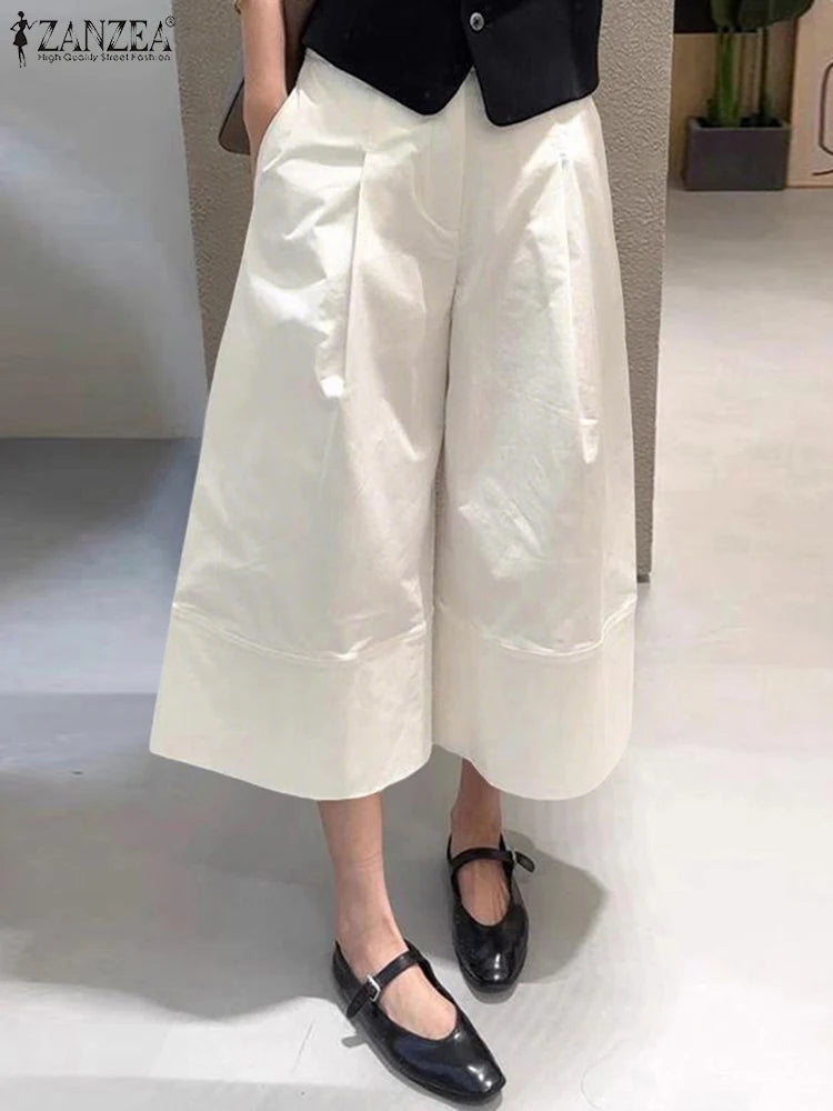 ZANZEA 2026 Women Casual Calf-Length Pants Elastic Back Waist Solid Color Wide-Leg Cropped Pant Autumn Loose Cozy Woman Bottoms