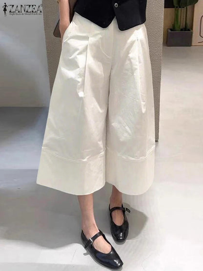 ZANZEA 2026 Women Casual Calf-Length Pants Elastic Back Waist Solid Color Wide-Leg Cropped Pant Autumn Loose Cozy Woman Bottoms