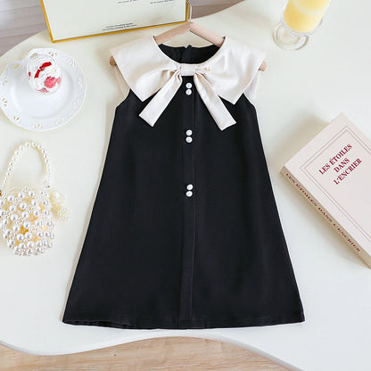 Elegant Big Collar A-Line Tank Top Dress for Girls Summer Single Piece with Concealed Zipper And Buttoned Back