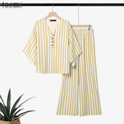 ZANZEA Summer Autumn 3/4 Sleeve Tops Women Pants Sets Fashion V Neck Blusas Wide Leg Pants 2PCS OL Work Party Two-piece Outfits
