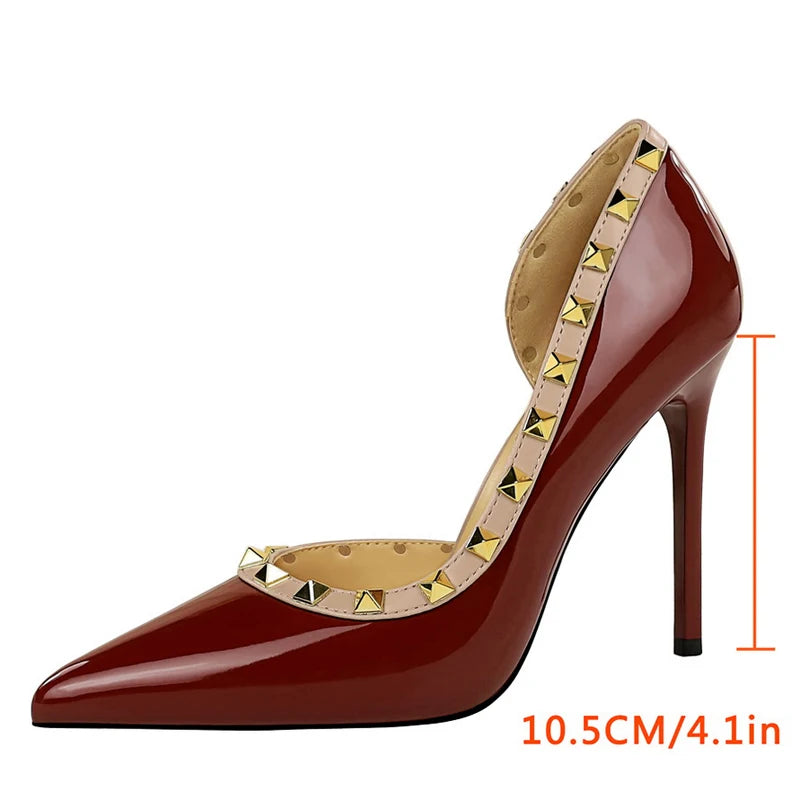 Sexy Women Pumps Rivet Design High Heels Women 10.5 CM Stiletto Patent Leather Ladies Pumps Luxury Banquet Shoes Plus Size 43