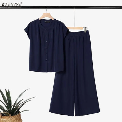 ZANZEA Women Minimalist Casual 2-Piece Sets Cap Sleeves O-Neck Shirt & Wide Leg Pant Matching Sets Summer Solid Commute Co-ords