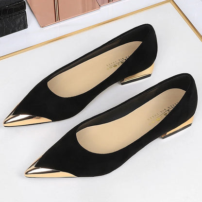 Retro Women's Low Heeled Shoes Suede Ladies Shoes Metal Pointed Tip Women Shoes Comfortable Female Shoes Low Heel Office Shoes