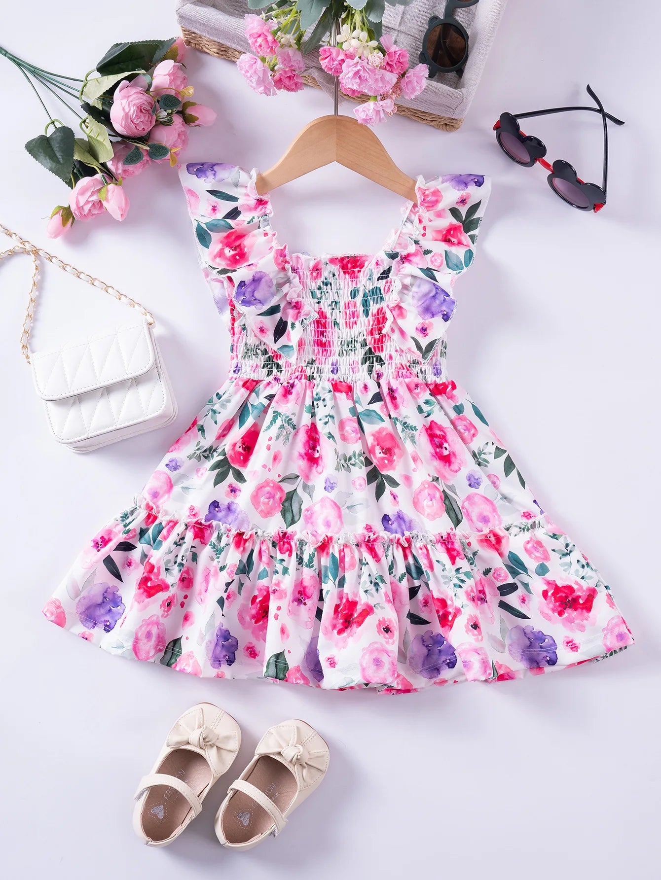 1 - 7 Y Baby Girls Sweet Floral Dress with Ruffled Sleeves & Smocked Waist - Perfect for Party & Summer Wear for Kids Girl Dress