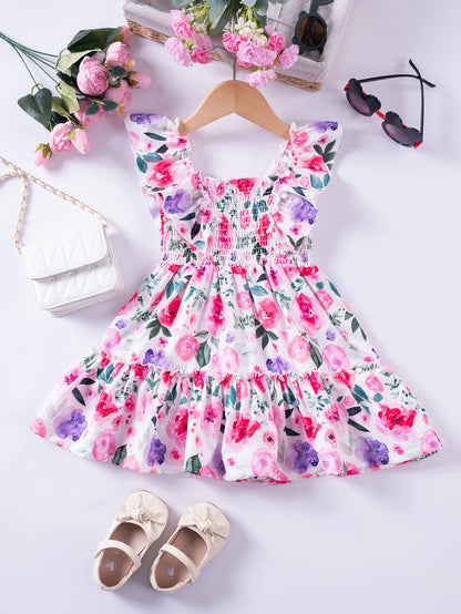 1 - 7 Y Baby Girls Sweet Floral Dress with Ruffled Sleeves & Smocked Waist - Perfect for Party & Summer Wear for Kids Girl Dress