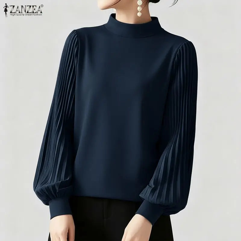 ZANZEA Women's Elegant Chic Blouses Mock Neck Pleated Long Puff Sleeves Solid Color Tops 2026 Minimalist Casual Woman Clothes