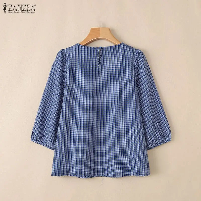 ZANZEA Women Classic Plaid Blouses Casual Round Neck 3/4 Puff Sleeves Loose Gingham Tops 2026 Autumn Everyday Wear Blusas Mujer