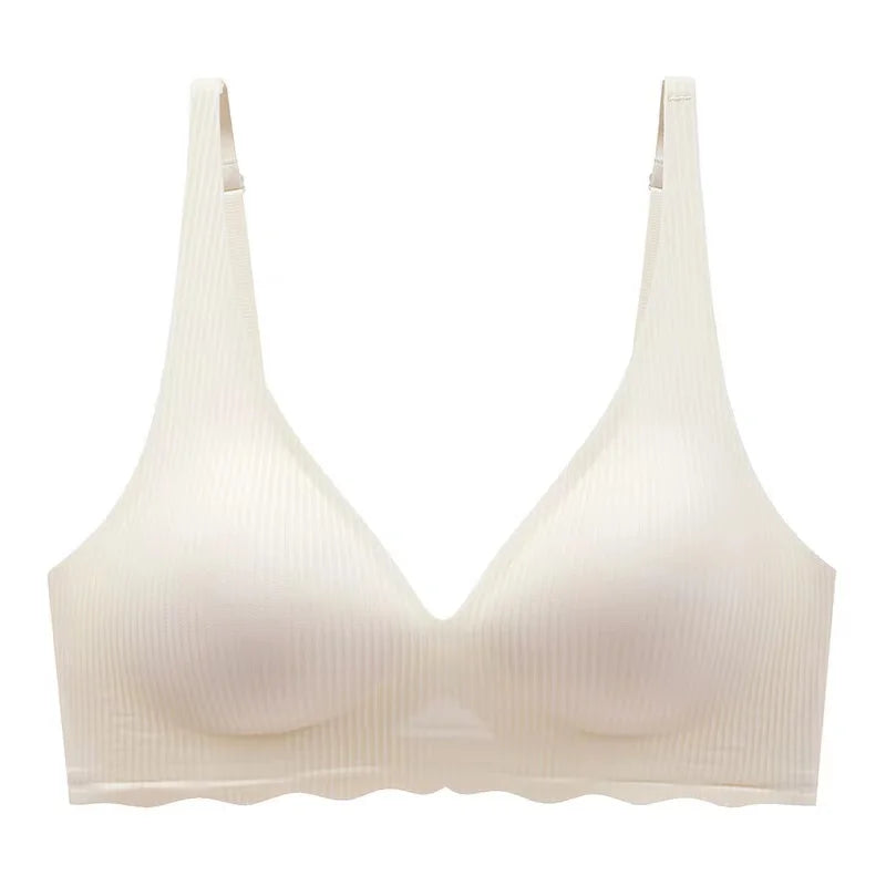 Seamless Women's Bra Small Chest Big Hollow Design Underwear Support Non-removable Semi-fixed Cup One Piece Striped Thin Bra