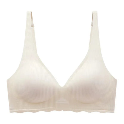 Seamless Women's Bra Small Chest Big Hollow Design Underwear Support Non-removable Semi-fixed Cup One Piece Striped Thin Bra