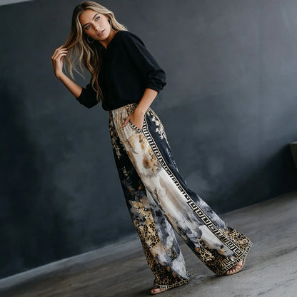 Women Color Block Leopard Print Wide Leg Pants Autum Elastic High Waist Loose Palazzo Trousers Casual Streetwear Holiday Pants