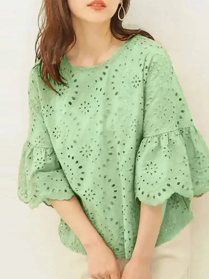 ZANZEA 3/4 Ruffle Sleeve Loose Blusa Women Hollow Out Lace Patchwork Solid Color Tops Everyday 2024 Summer Casual Elegant Blouse