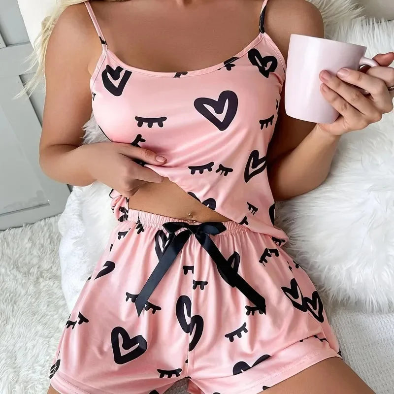 2PCS Women Pajama Set Heart Print Cami Top and Shorts Cute Satin Sleepwear Loungewear Summer Nightwear Homewear Outfit