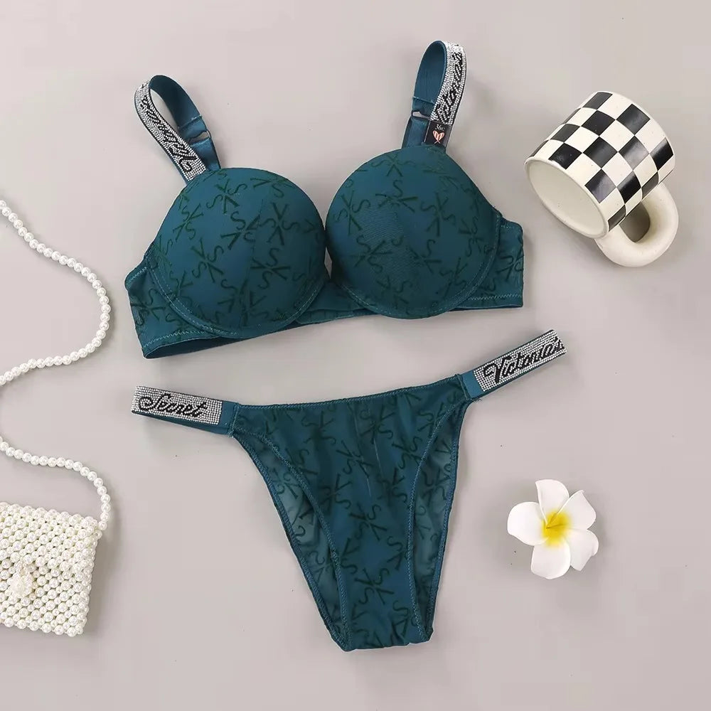 Victoria Secret Sexy Lingerie Set Very Sexy Logo Shine Strap Embossed VS Lace Push Up Bra Shine Script Thong Panty