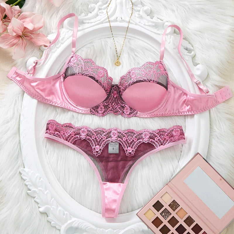 Women Elegant Pink Lingerie Set Mesh Splicing Floral Embroidery Underwear Female Push Up Bra Set Luxury Intimate Sexy Lingerie