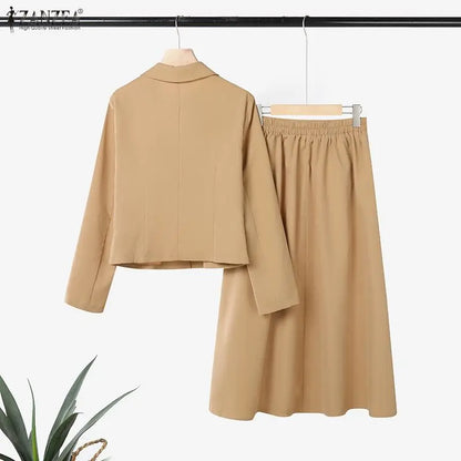 2026 ZANZEA Spring Lapel Neck Long Sleeve Shirt Dress Sets Office Women 2 Pieces Sets Stylish Solid OL Outfits A Line Skirt Suit