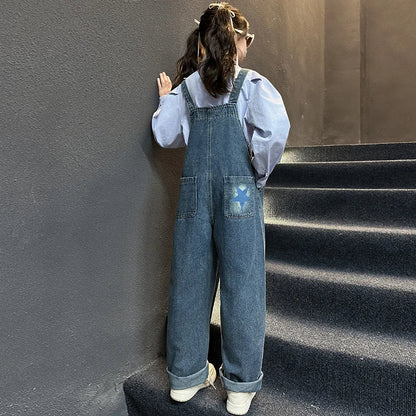 Fashion Children Jeans Overalls for Baby Girls Kids Blue Denim Jumpsuit Suspender Pants with Straps Age 5 6 7 8 9 10 11 12 13 14