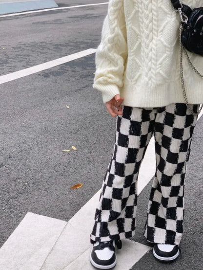 New Girls' Spring Fall Lined Checkered Flared Pants Thickened Thermal Playwear for Kids