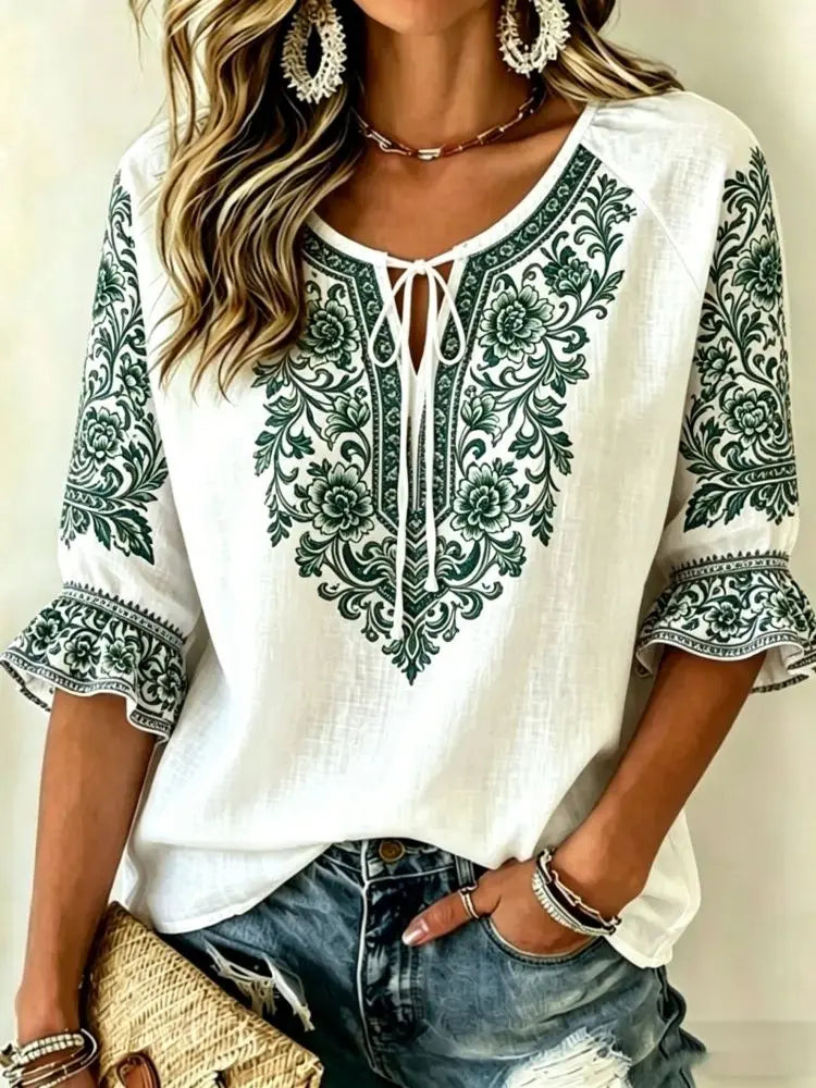 Women's White Colorful Floral Embroidered Tie Neck Blouse, Casual Loose Tops for Spring Summer Daily Wear & Vacation Occasions