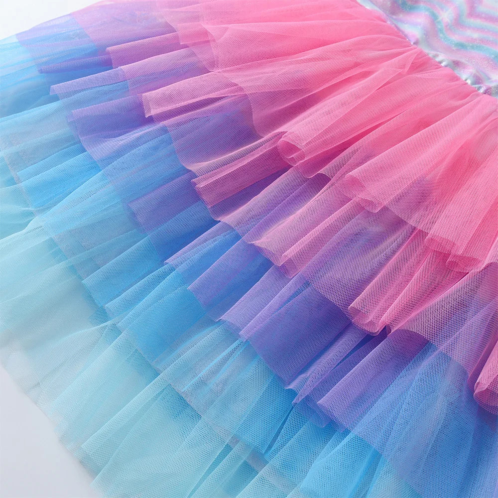 VIKITA Girls Sleeveless Summer Dress Kids Shiny Wave Striped Gradient Colorful Tulle Mesh Layered Party School Daily Tutu Dress