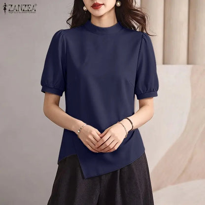 Summer Short Sleeve Tops ZANZEA Elegant Women Blouses Irregular Tops Solid Color Streetwear OL Work Party Tee S-3XL Blusas Tunic