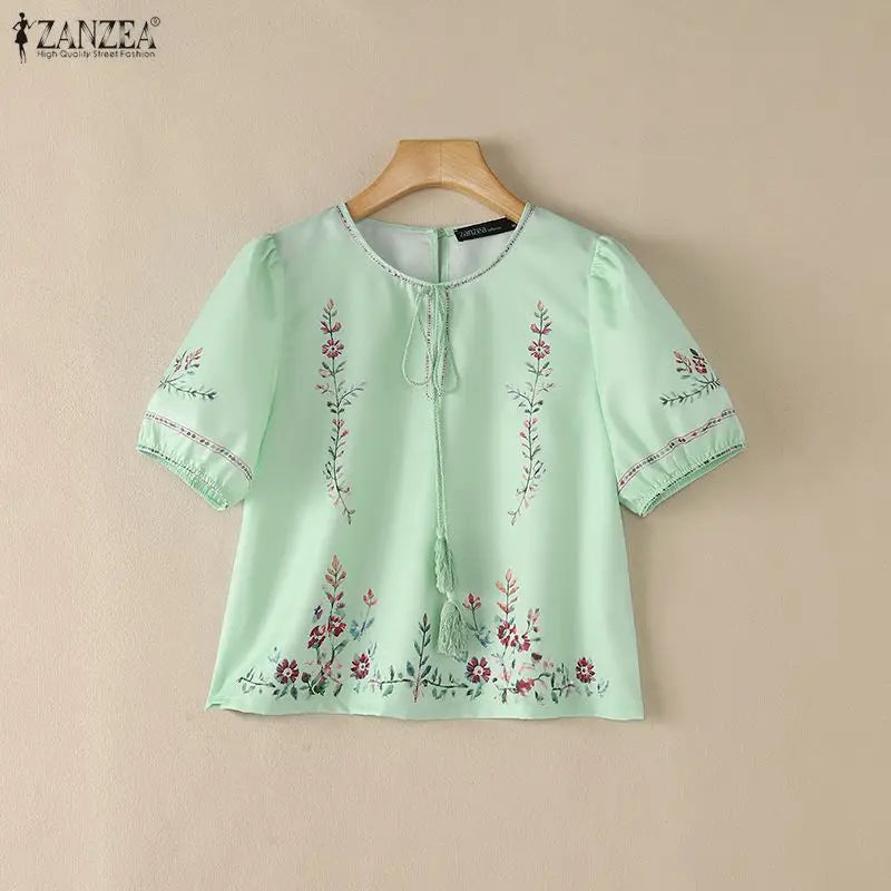 ZANZEA Fashion Summer Blouses Casual Short Sleeve Blusas Women Blouse Floral Print Tops OL Work Party Tunic Streetwear Oversize