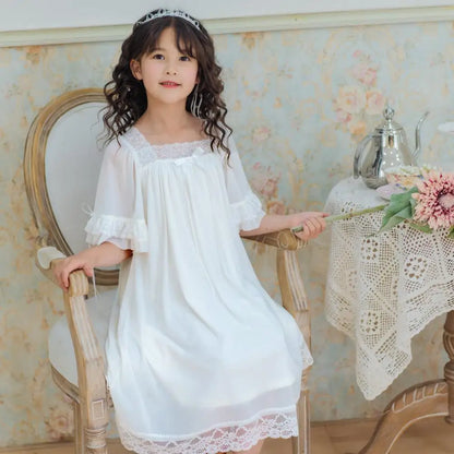 Girls Princess Long Nightgown Short Sleeve Lace Mesh Spring Summer Homewear Matching Family Pajamas Set