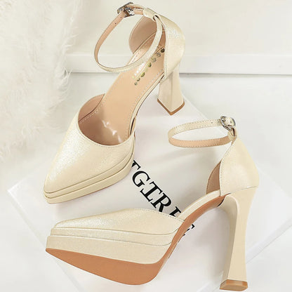 BIGTREE Shoes Double Layer Platform High Heels Women Pumps Silk Satin Chunky Heel High-heeled Sandals Women Summer Shoes 11.5 cm