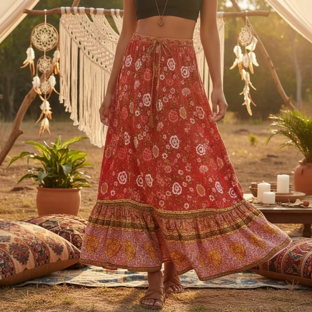 Vintage Chic Hippie Women Floral Print  Lace-up Tassel Beach Bohemian Skirt Lady Elastic Waist A-Line Vacation Boho Maxi Skirts