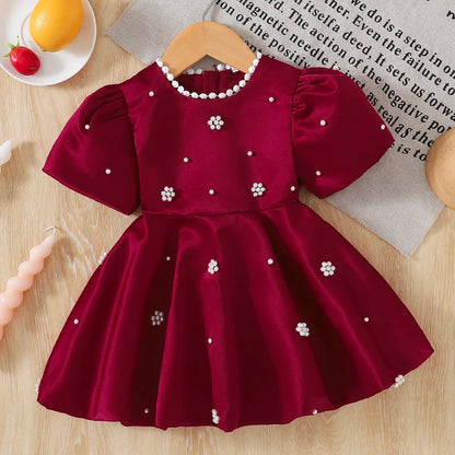 Baby Girl Birthday Dress Bubble Sleeves and Pearl Decal Wine Red Dress Suitable for 0-3 Year Old Daby Girls Party Princess Dress