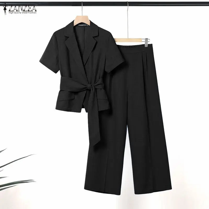 ZANZEA Women Summer Pant Sets 2PCS Solid Color Short Sleeve Tops Long Pants Matching Sets Streetwear Two-piece Outfits Female