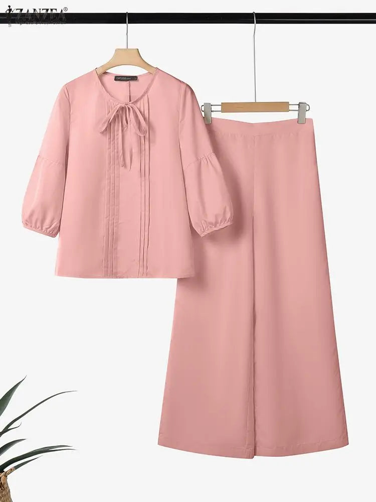 2026 ZANZEA Spring Pant Sets Women 2PCS Outfits O Neck 3/4 Sleeve Blouse Trousers Casual Solid OL Work Tracksuit 2 Pieces Sets