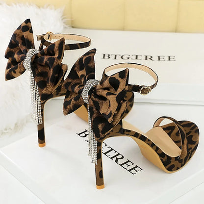 BIGTREE Shoes Leopard Suede Heeled Sandals Women Shoes Peep Toe High Heels Stiletto 11 cm Bow Rhinestone Chain Ladies Shoes New