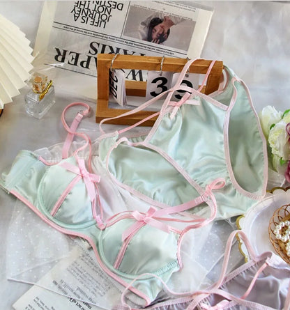 Oil painting girls Japanese bra small breasts gathered lingerie sexy retro satin with steel ring underwear set