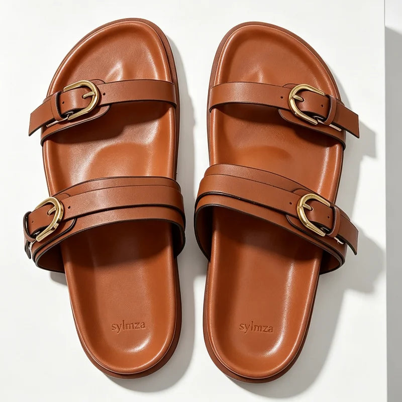 Retro Metal Belt Buckle Detail Flat Slippers for Ladies Comfort Platform Slide Sandals Summer Sexy Open Toe Beach Designer Shoes