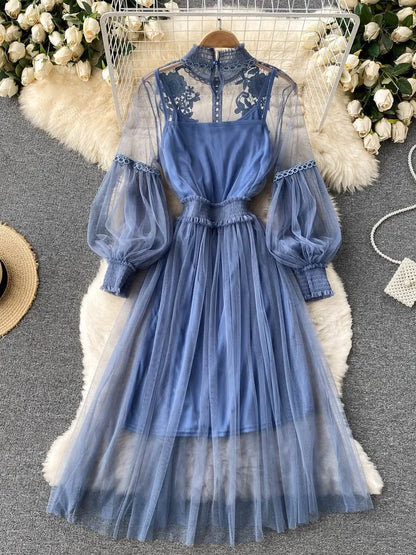 Ladies Dress Three-dimensional Flower See Through Mesh Temperament Stand Collar Lantern Sleeve High Waist Slim Female Dresses