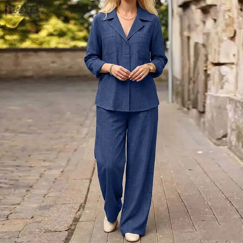 ZANZEA Women Casual Pant Sets Lapel Neck Long Sleeve Blouse & Elastic Waist Pants 2pcs Matching Sets Autumn OL Work Solid Co-ord