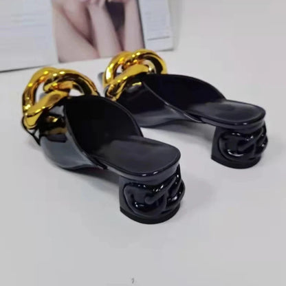 Gold Chain Slippers Woman Pointed Toe Red Black Patent Leather  High Heel Shoes Lady Fashion Muller Slippers