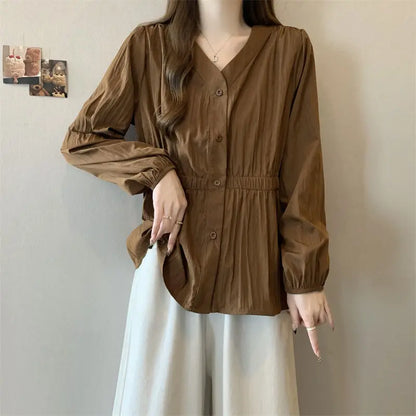 200 Pounds Plus Size Elastic Waist Office Lady Trend Shirt And Blouse Solid Color Top Women Clothing V-neck French Chic Basics