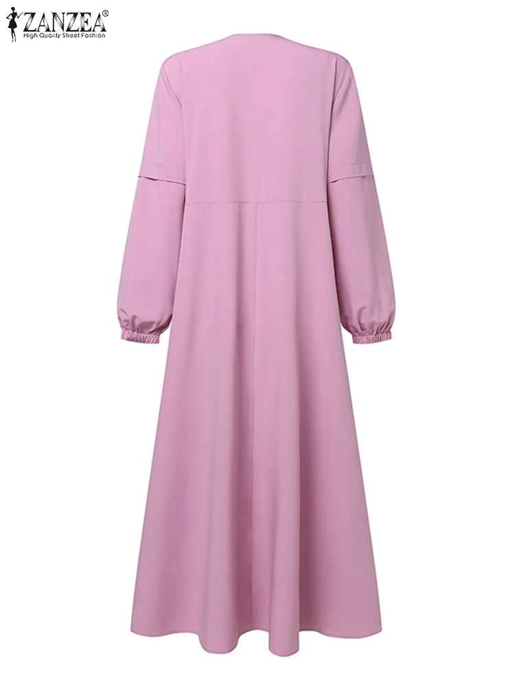 Women Autumn Muslim Dress ZANZEA Turkey Abaya Dubai Robe Elegant Long Sleeve Buttons Down Maxi Vestidos Kaftan IsIamic Clothing