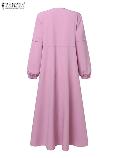 Women Autumn Muslim Dress ZANZEA Turkey Abaya Dubai Robe Elegant Long Sleeve Buttons Down Maxi Vestidos Kaftan IsIamic Clothing