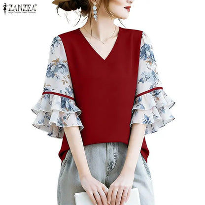 ZANZEA Women's Elegant Blouses Floral Printed Patchwork 3/4 Flared Sleeves V-Neck Loose Tops Summer Casual Blusas de Mujer