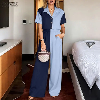 ZANZEA Stylish Lapel Neck Short Sleeve Shirt Wide Leg Pant Sets Summer 2 Pieces Sets Women Patchwork Outfit OL Work Tracksuits