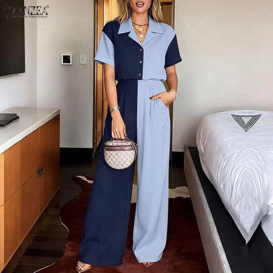 ZANZEA Stylish Lapel Neck Short Sleeve Shirt Wide Leg Pant Sets Summer 2 Pieces Sets Women Patchwork Outfit OL Work Tracksuits