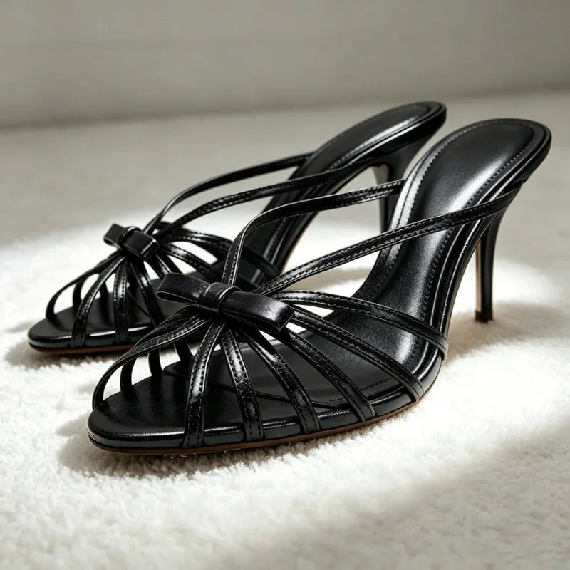 Fashion Bow Detail Cage-style Mule Sandals Women Luxury Metallic-effect Black Heels Elegant Round-toe Stiletto Women's Slippers