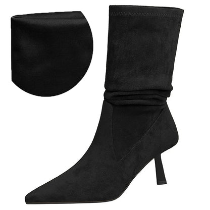 BIGTREE Shoes Women Pleated Elastic Boots Woman Stiletto 6.5 CM High Heel Boots Suede Ankle Boots Fashion Pointed Short Boots