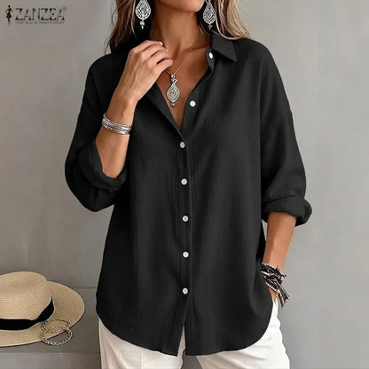 ZANZEA Woman Long Sleeve Shirts Oversized Turn Down Collar Button Up Blouses Autumn 2026 Crinkled Fabric Casual Work Camisas 2XL