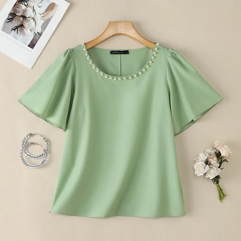 ZANZEA Women's Elegant Blouses Pearls Detailed O-Neck Short Sleeve Pullover Tops Summer Office Work Solid Color Blusas de Mujer