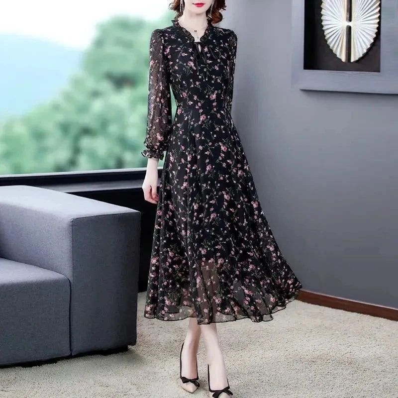 Women Summer Chiffon Printed Dresses 2025 Spring Summer Long Elegant Drawstring Dress Female Large Size Midi Dresses 6XL W752