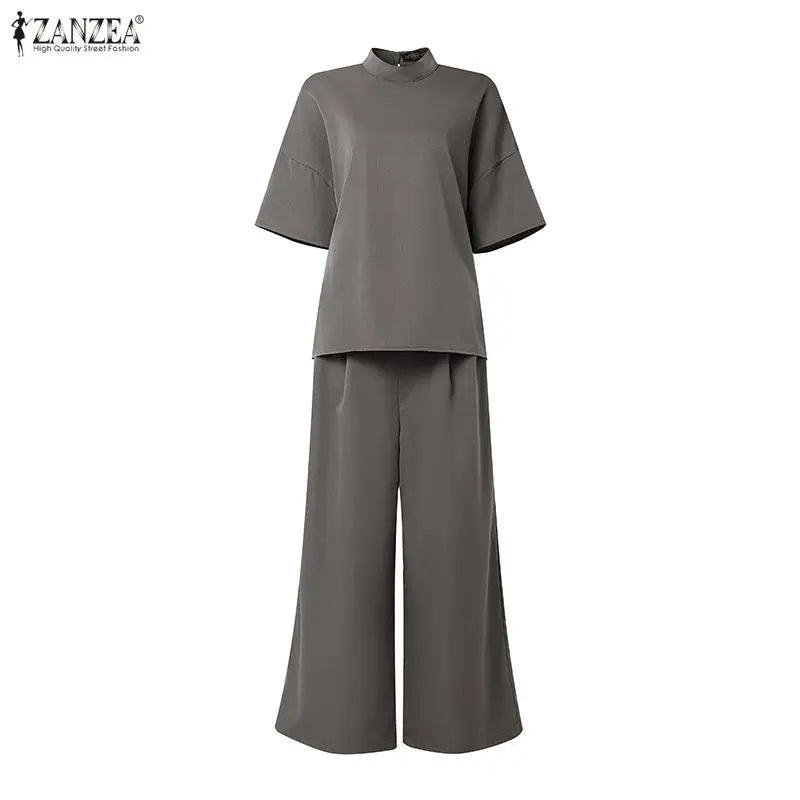 ZANZEA Women's Minimalist Pant Suits Wide Leg Pant & Mock Neck Half Sleeve Blouse 2 Pieces Sets Elegant Solid Pant Sets Outfits