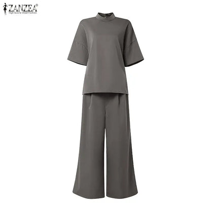 ZANZEA Women's Minimalist Pant Suits Wide Leg Pant & Mock Neck Half Sleeve Blouse 2 Pieces Sets Elegant Solid Pant Sets Outfits